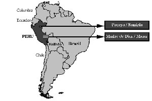 Map of south America showing locations of Manu and Payaya in the north and south of Peru respectively. Click for larger version
