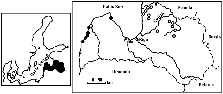 Map of Latvia showing coastal sites on the west coast and inland sites in the north of the country along with the position of the River Gauja running north-east to south-west across the north-west quarter of Latvia