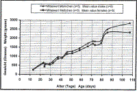 Graph shows that both sexes stay almost equal till day 80, and thereafter males grow heavier than females