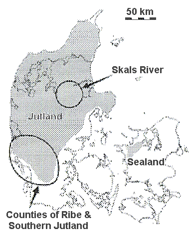 Study area, showing mainland Denmark, with Skals River in the northern part and southern Jutland and Ribe in the south