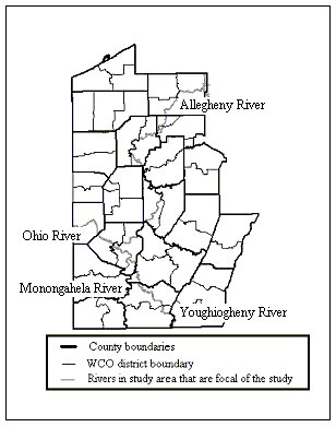 Map of study area showing county boundaries and major rivers