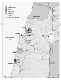 Map of Israel showing locations on the coast where signs of otters were found