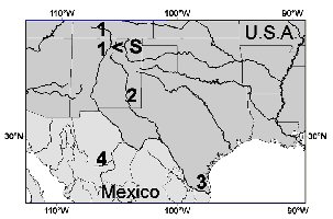 Map of southwest USA and northern Mexico showing the position of the rivers discussed.  Click for larger version