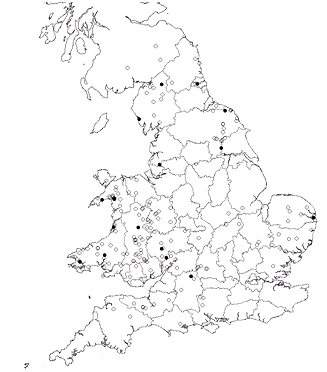 Map of England and Walesshowing the locations from where otters originated