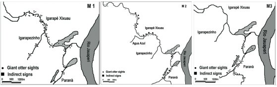 Map of the river system showing otter sightings and indirect signs for the three seasons on which group M were studied