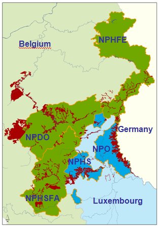 Map of the adjacent parts of Germany, Luxembourg and Belgium showing the Natura 2000 areas running along the major river valleys and wetlands