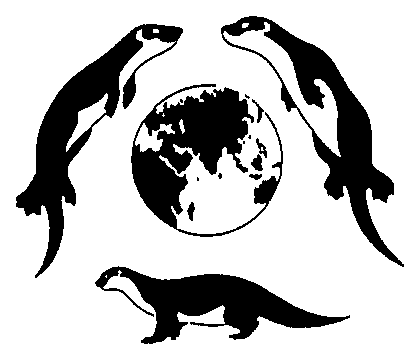 Logo of International Asian Otter Symposium (three otters swimming round view of globe showing Asia at front)