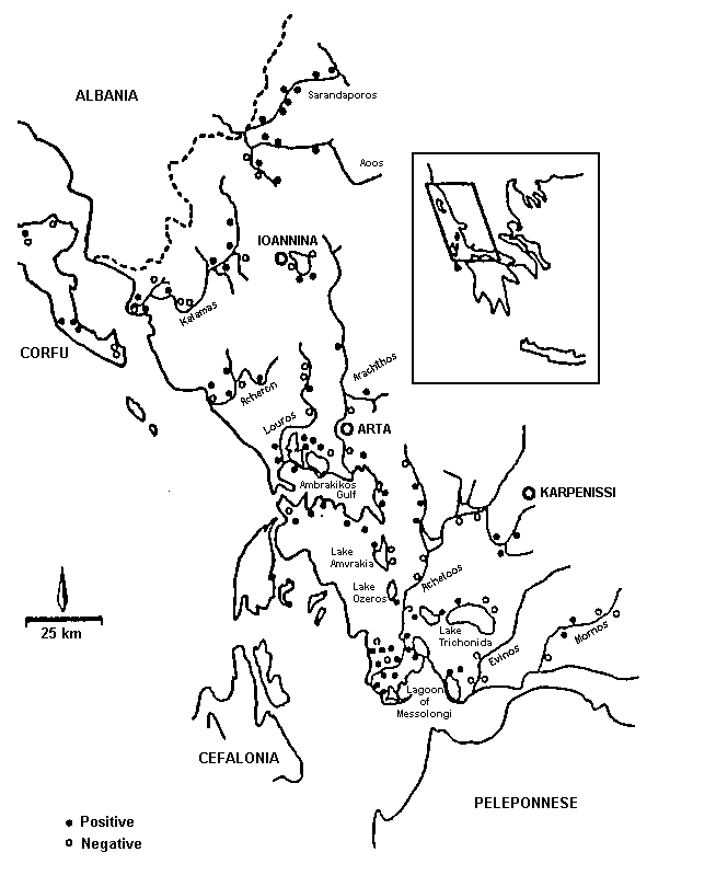 Map of Western Greece showing surveyed areas and whether otters were present