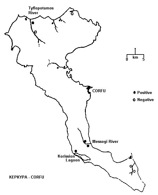 Map of Corfu showing areas surveyed for otters and whether they were present