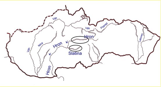 Map of the major rivers of Slovakia with otter occurance in 1965 marked.  Otters occurec on many of the rivers.  The Hron and Slatina (a tributary of the Hron) occurence is on the upper parts of the river, in the centre of Slovakia. Click for larger version.