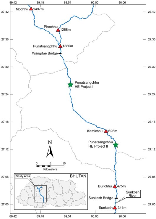 Map showing the study area in west central Bhutan.  Click for larger version.