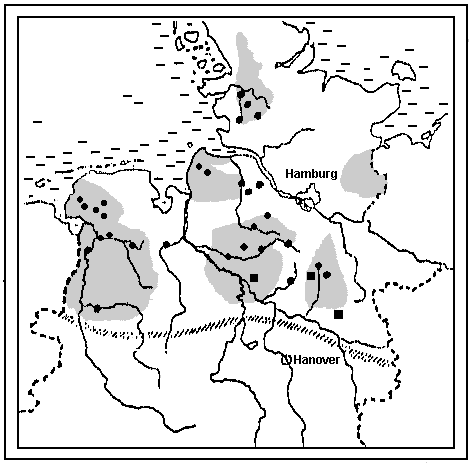 Map of west Germany showing patchy otter distribution north of Hannover