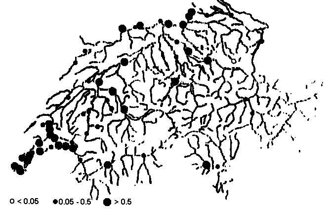 Map of Switzerland showing that high levels of PCBs are found throughout except for a single site
