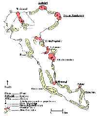 Map of Corfu showing 7 areas on the east coast and one one the north with otters, and the coastal areas where no otters were found