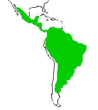 Map of Central and South America, showing wide distribution from Mexico to Argentina, apart from arid areas